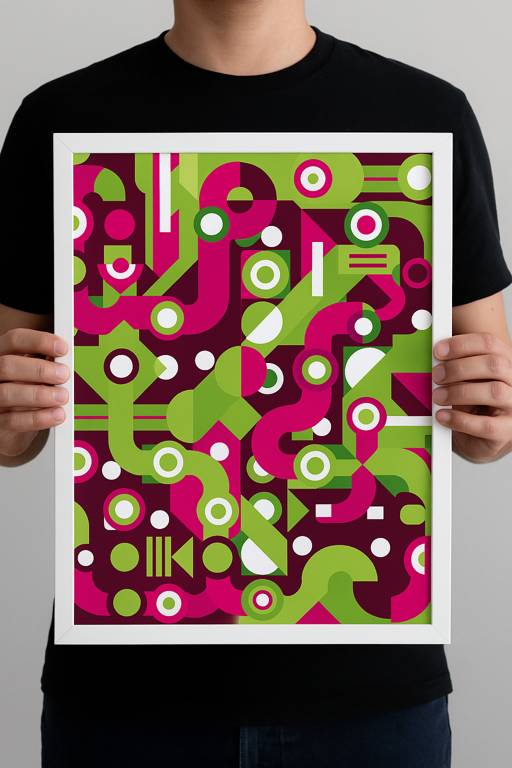 Colorful abstract geometric art print with flowing fuchsia and green lines, circles, and shapes forming a maze-like pattern. Modern wall art by Belgian illustrator Gert Paenen of Studio Frits, perfect for contemporary interiors and design lovers.