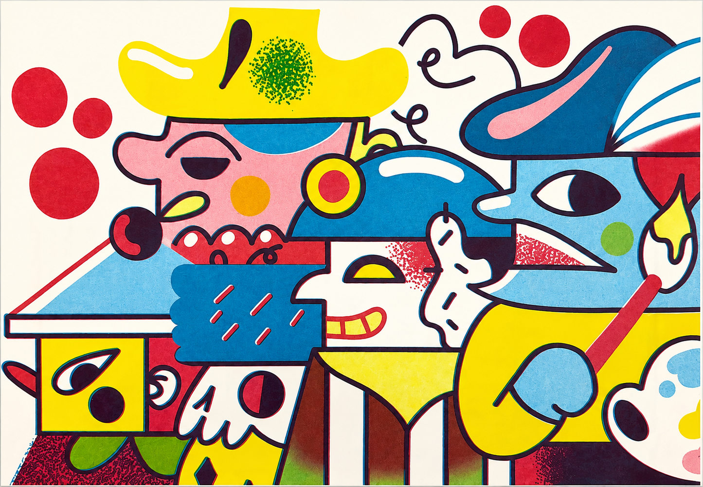 Vibrant A3 risograph print “Plaza Parade” by Auwnanas featuring bold geometric shapes, colourful surreal characters and playful street-parade energy; limited edition modern art print made in Belgium, perfect for contemporary interiors and design lovers seeking bright, quirky wall art.