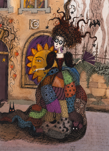 Whimsical folklore-inspired illustration of a magical townhouse filled with cats, ghostly figures, and a patchwork-dressed character. Detailed fantasy giclée print in soft purple, beige, orange, and black tones, vertical wall art for cozy home decor.