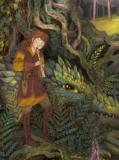 Detailed fantasy forest illustration featuring a musician playing a flute beside a gentle green dragon hidden among lush foliage, owls perched in ancient trees, soft woodland colors and fairytale atmosphere, vertical giclée wall art for cozy home decor.