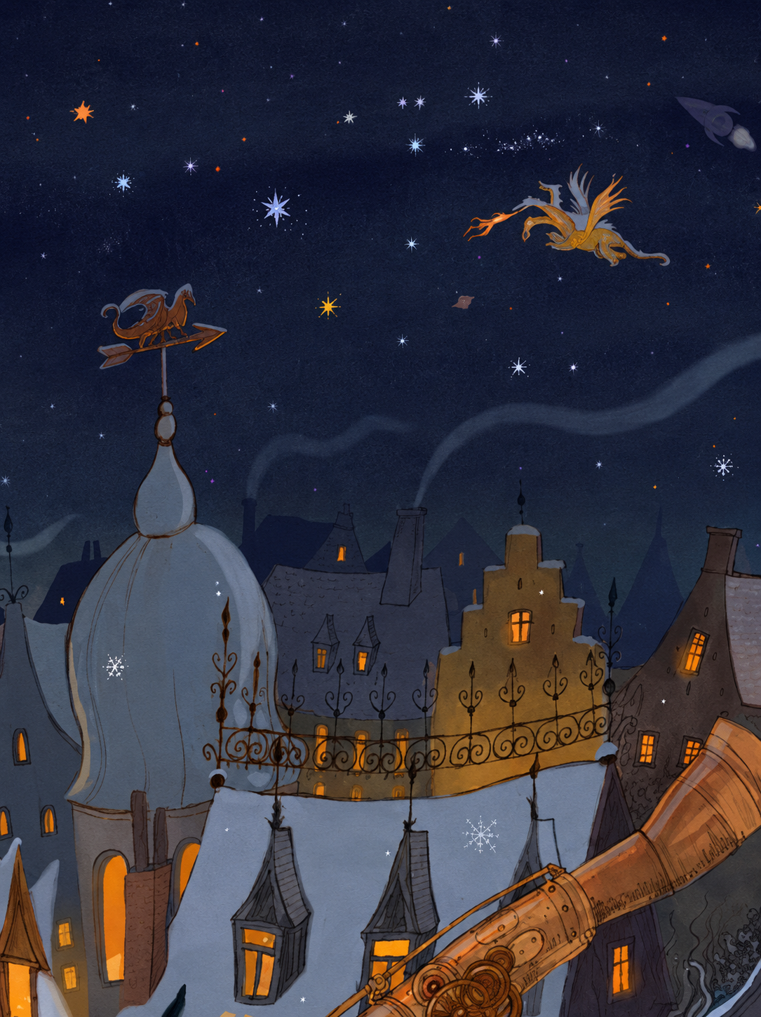 Winter Stargazer by Lena Yampolski featuring a witch observing the night sky through a telescope above a snow-covered fantasy town, illuminated windows, celestial details, warm golden tones and deep blue winter colors, vertical giclée wall art for cozy home decor.