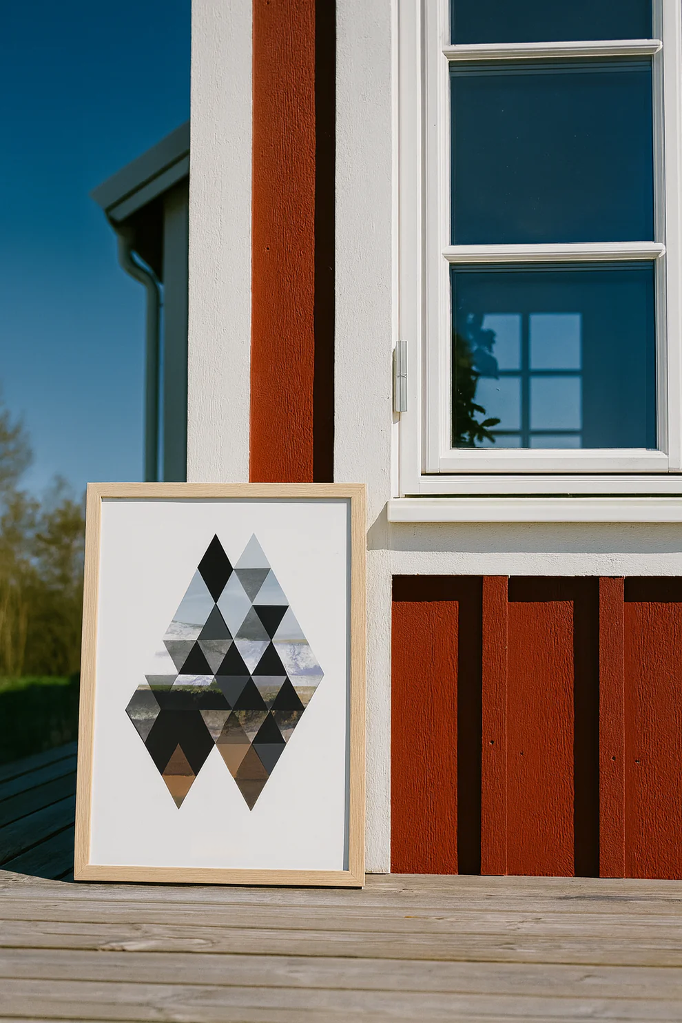 Minimalist geometric art print “Kulle” by Studio Frits, inspired by Swedish landscapes. Triangular composition mixing soft natural tones, photography, and modern Scandinavian design. Perfect wall art for contemporary, Nordic-style interiors.