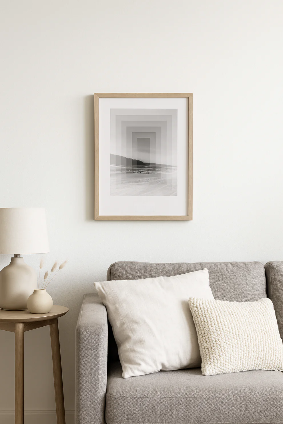 Minimalist Nordic art print SØ by Studio Frits, black-and-white geometric landscape inspired by Swedish winter woods, fine art digital print on matte paper, modern wall decor for Scandinavian and design lovers.