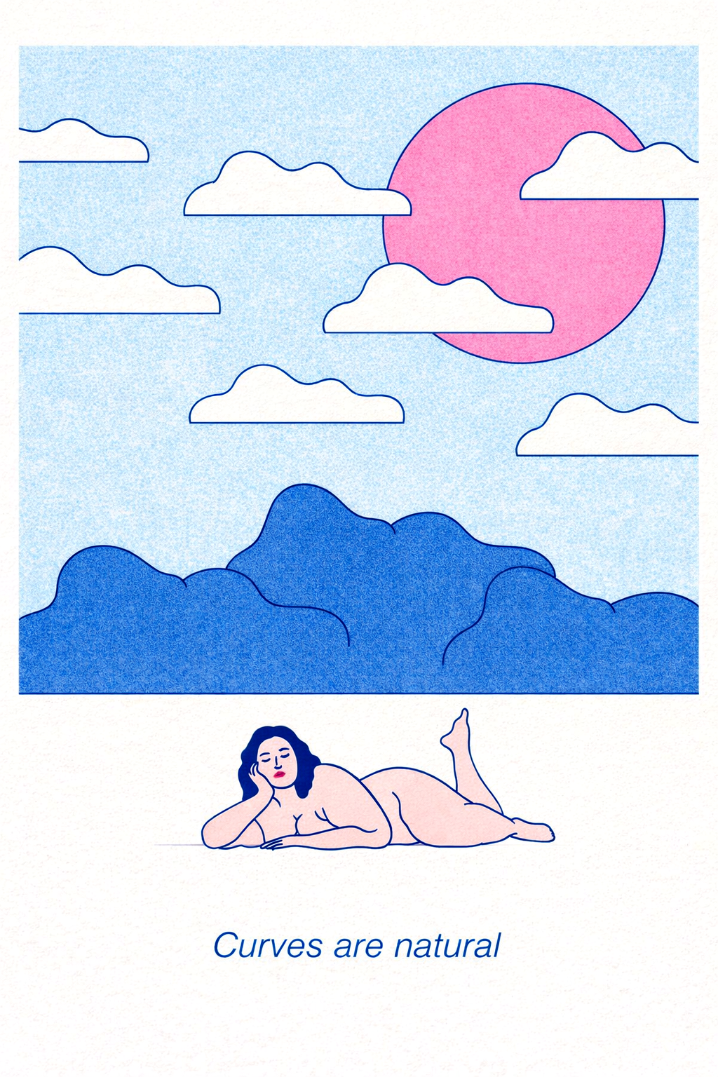 A3 risograph art print “Curves Are Natural” by Studio Stoutpoep, body-positive illustration with soft pastel colors and bold lines, contemporary wall art for modern interiors.