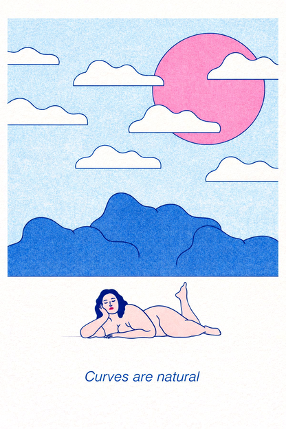 A3 risograph art print “Curves Are Natural” by Studio Stoutpoep, body-positive illustration with soft pastel colors and bold lines, contemporary wall art for modern interiors.