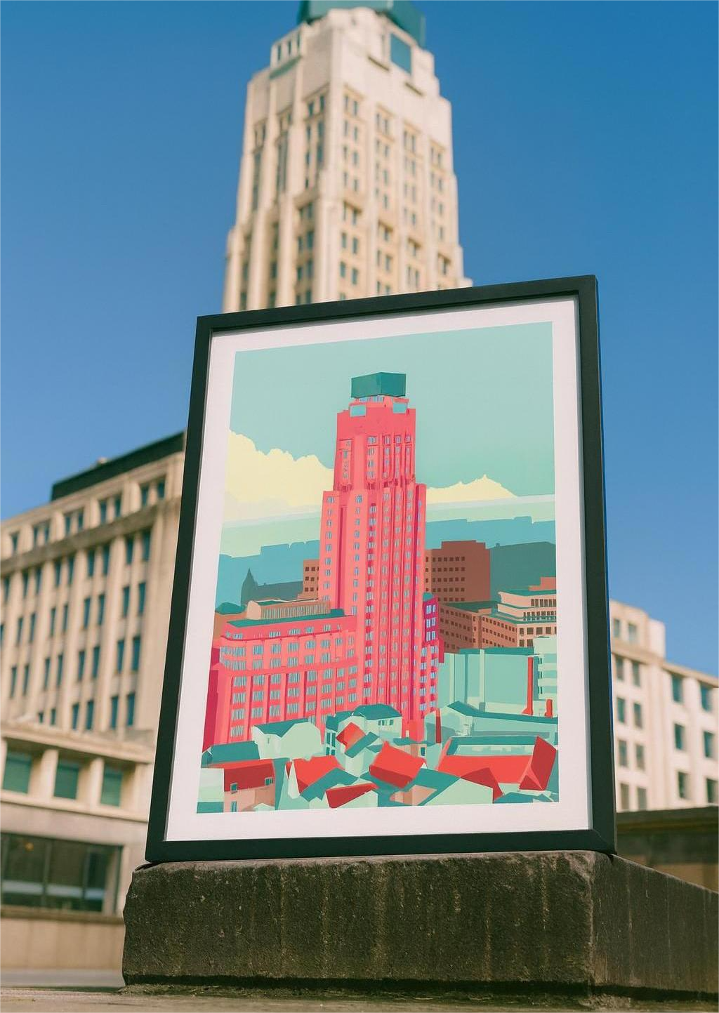 Boerentoren Antwerp illustration by Studio Frits – colorful modern art print of the iconic Art Deco skyscraper in Antwerp, Belgium, architectural wall art in pastel tones, perfect for urban design lovers, available at Galerie Frits