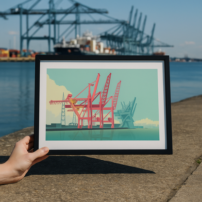 Striking graphic illustration by Studio Frits titled 'Antwerp Port,' featuring a bold composition of industrial cranes in vivid red and soft teal tones, set against a calm harbor with a pastel sky. This modern, stylized view of Belgium’s iconic port captures the scale, structure, and rhythm of maritime industry—ideal for contemporary interiors and urban art collectors