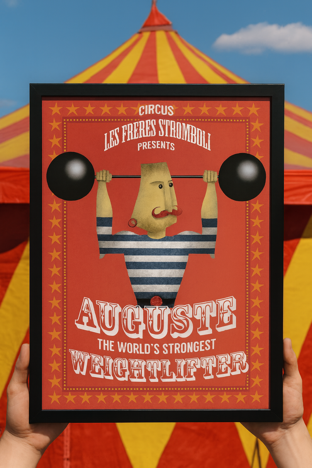 Playful vintage-style illustration by Studio Frits titled 'Auguste Stromboli,' designed as a fictional circus poster featuring a strongman in a striped suit lifting cartoonishly large barbells. Surrounded by red and yellow star borders with bold typography, this whimsical artwork channels classic circus charm—perfect for eclectic interiors, children's rooms, or collectors of retro-inspired prints