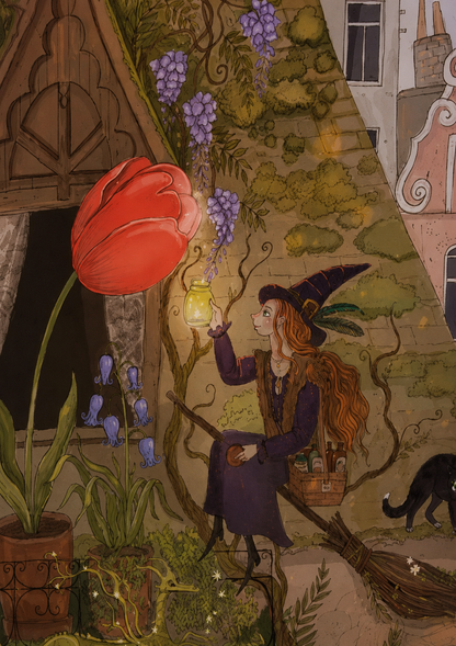 Whimsical rooftop garden illustration featuring a young witch, glowing tulips, black cat, and enchanted plants in the Marolles district of Brussels. Detailed fantasy Giclée print in soft purple, green, and terracotta tones, perfect for cozy home decor and storybook-inspired interiors.