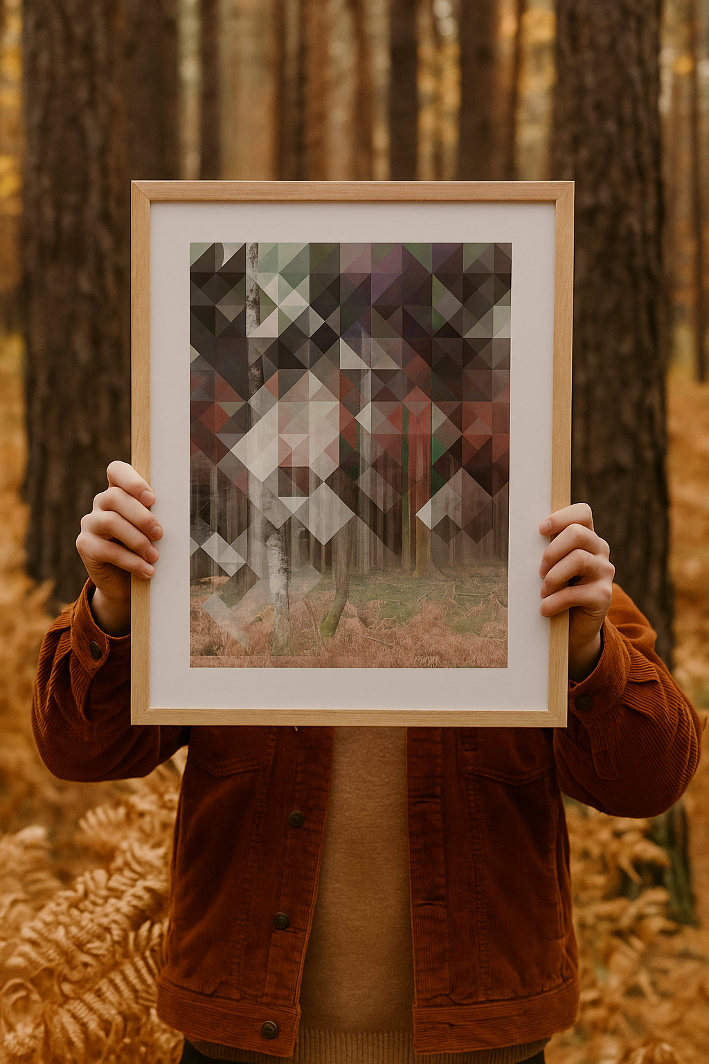 Birk art print by Studio Frits – geometric Scandinavian forest artwork by Belgian illustrator Gert Paenen, inspired by Swedish woods, combining photography and abstract patterns in calm earthy tones – Nordic wall art for modern interiors