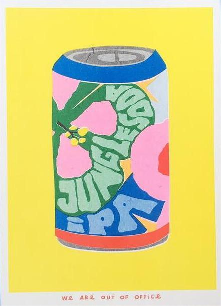 Colorful risograph print of a soda can with floral patterns and bold lettering titled “Jungle Soda IPA” by We Are Out Of Office – small-format wall art with bright yellow background, pop art style, 13 x 18 cm.