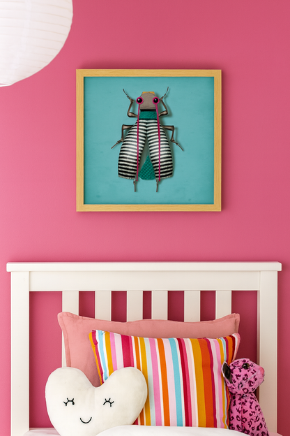 Modern illustration titled 'Carmen In-Secto' by Studio Frits, featuring a whimsical stylized insect with black-and-white striped wings, vibrant pink antennae, and geometric textures on a teal background – unique bug-themed wall art for eclectic interiors, available at Galerie Frits