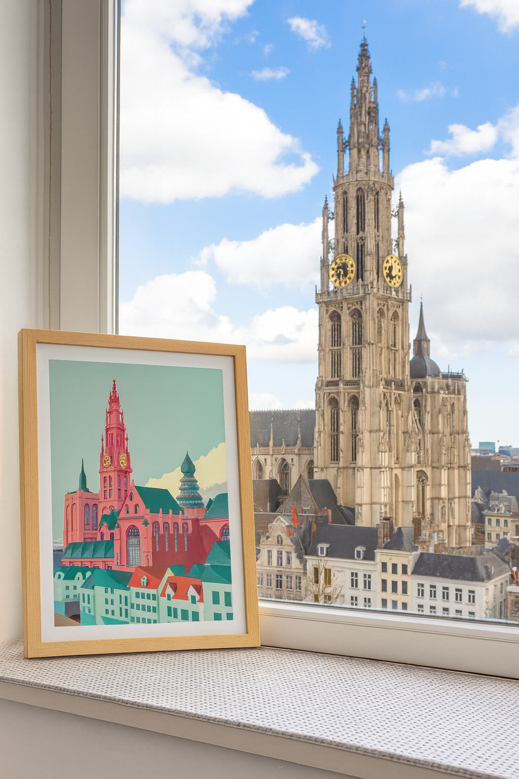 Cathedral Antwerp art print by Studio Frits – colorful architectural illustration of the Cathedral of Our Lady in Antwerp. Featuring bold pinks, greens, and clean lines in a modern graphic style. Perfect for architecture lovers, Belgium art collectors, and vibrant wall décor. Available at Galerie Frits