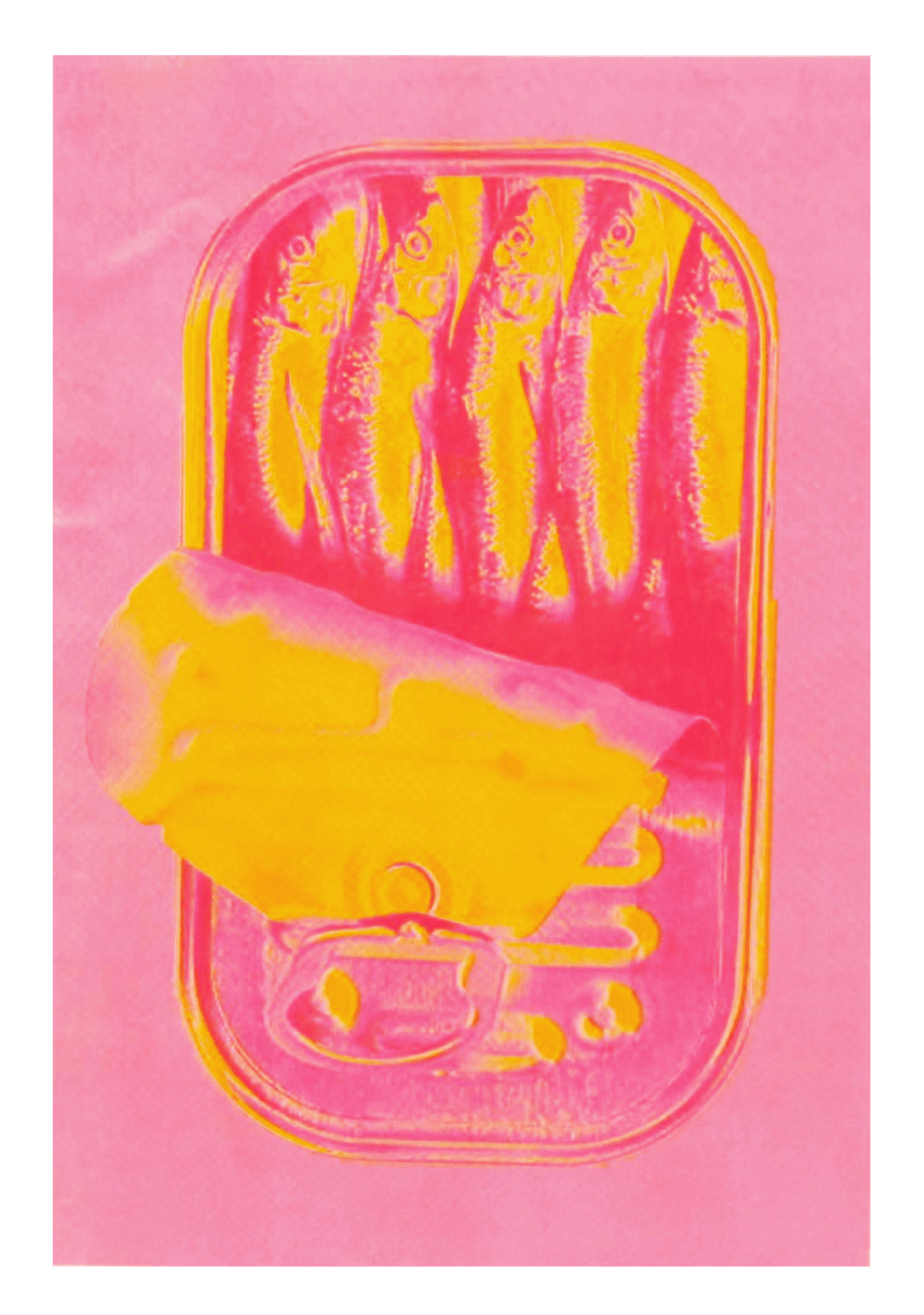 Colorful risograph print of an open sardine can in vibrant pink and yellow tones by PTRVRKD, handmade in The Netherlands, A4 art print on 250gsm Biotop paper – perfect for modern, quirky home decor.