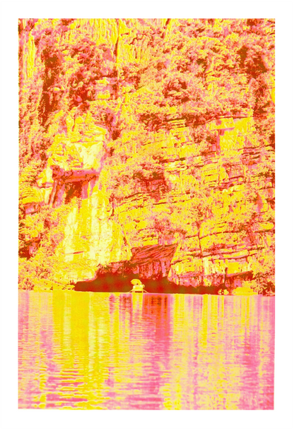 Vibrant risograph art print inspired by the cliffs and waterways of Ninh Binh, Vietnam, featuring bold neon yellows and pinks, textured rock formations, and reflective water. Contemporary limited-edition A3 artwork by PTRVRKD printed on Munken Pure Rough paper, perfect for modern interior decor.