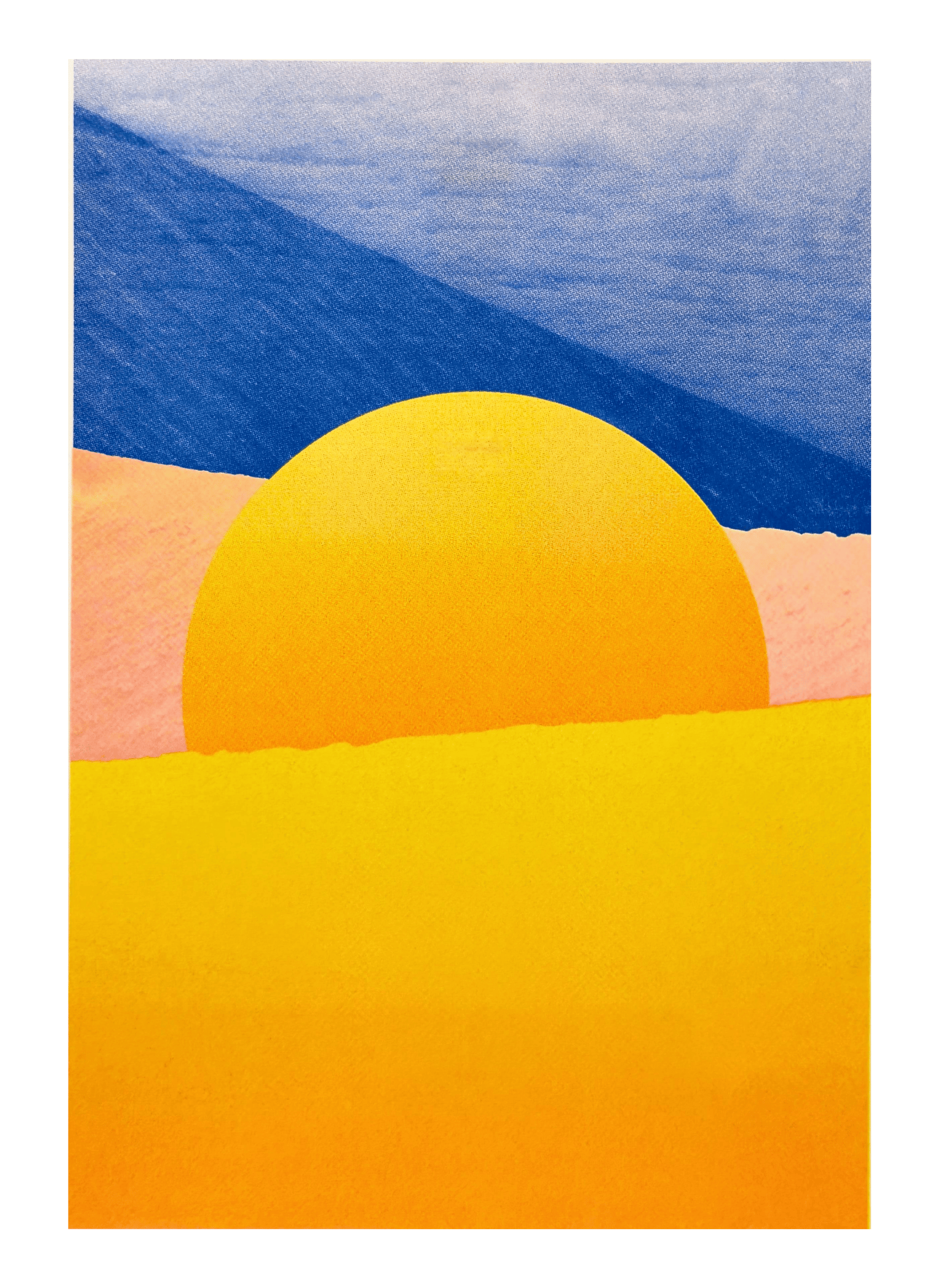 Minimalist desert art print with bold yellow sun and African dune landscape in vivid blue, orange, and peach tones by Dutch artist PTRVRKD – A3 risograph print, limited edition, eco-friendly ink.