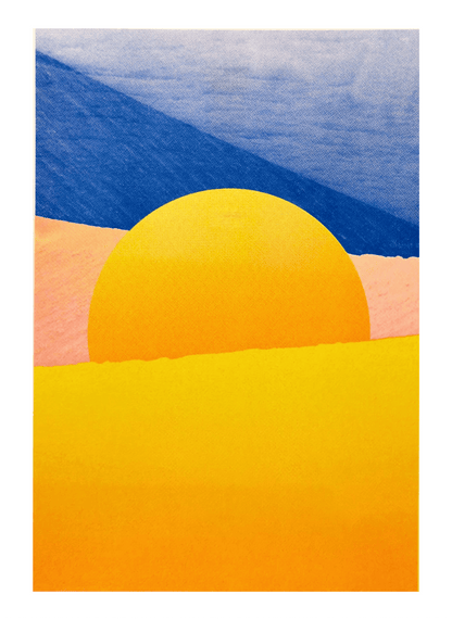 Minimalist desert art print with bold yellow sun and African dune landscape in vivid blue, orange, and peach tones by Dutch artist PTRVRKD – A3 risograph print, limited edition, eco-friendly ink.