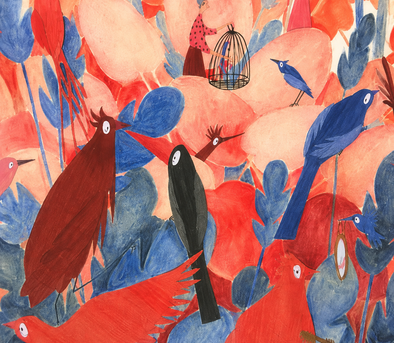 Colorful bird illustration art print by Rosalien Helsen featuring blue and red birds in a surreal aviary landscape with hidden characters, acrylic textures, and digital collage details on Hahnemühle fine art paper.