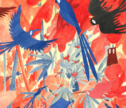 Colorful bird illustration art print by Rosalien Helsen featuring blue and red birds in a surreal aviary landscape with hidden characters, acrylic textures, and digital collage details on Hahnemühle fine art paper.