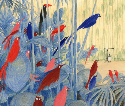 Nieuwsgierige Vogels by Rosalien Helsen, colorful bird illustration art print featuring red and blue exotic birds inside a dreamy aviary landscape with soft botanical elements and whimsical contemporary design on fine art paper.