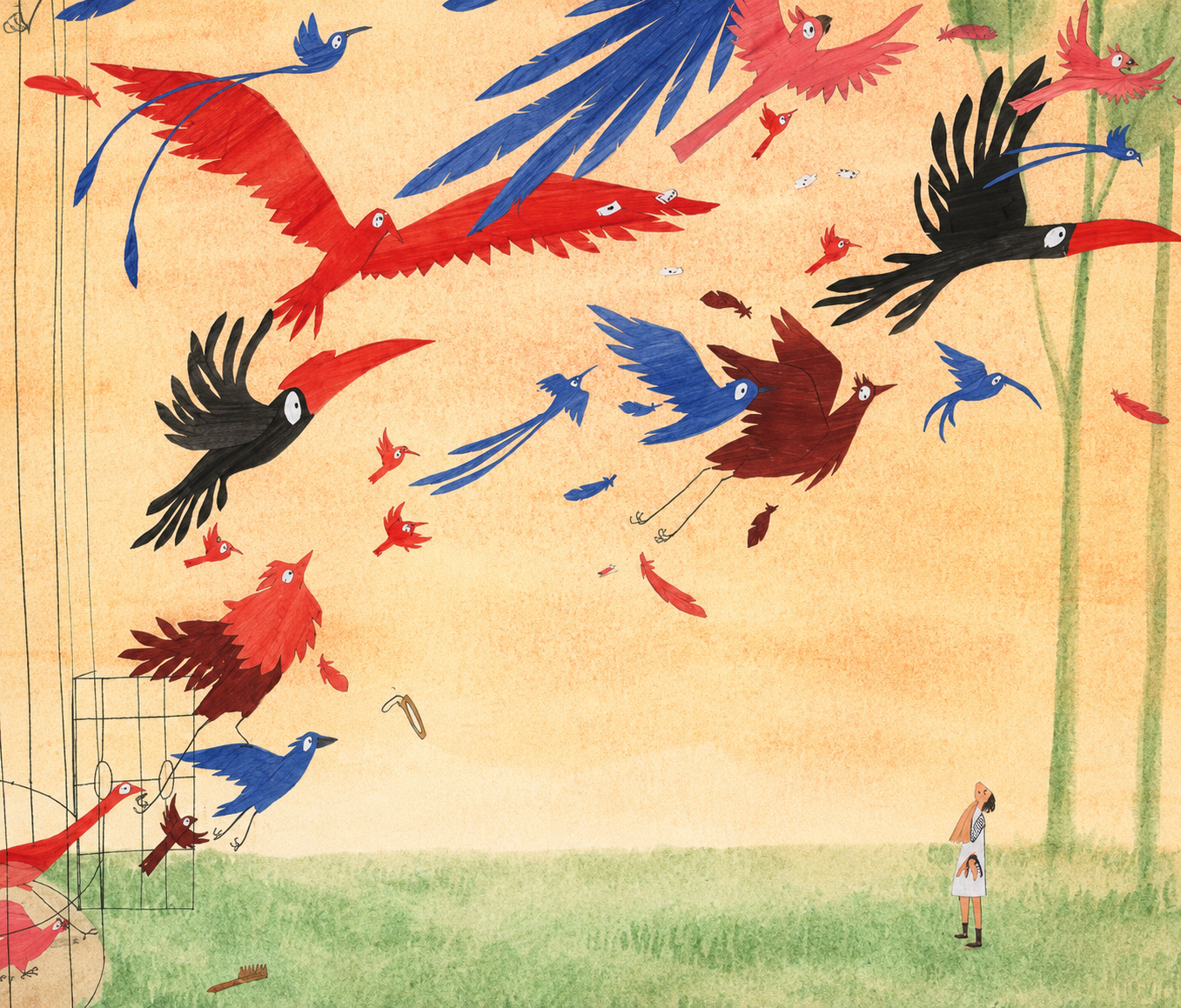 Colorful bird illustration by Rosalien Helsen showing dozens of birds escaping from an open cage into the sky, featuring blue, red, and black birds in motion across a soft pastel landscape, digital art print on fine art paper.