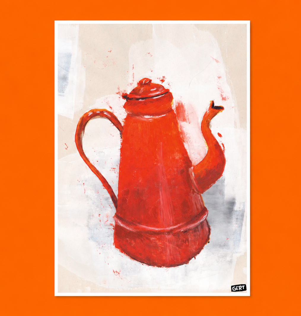 Red coffee pot illustration art print by Gert Paenen on textured neutral background, expressive contemporary kitchen wall art with bold warm colors and painterly details.