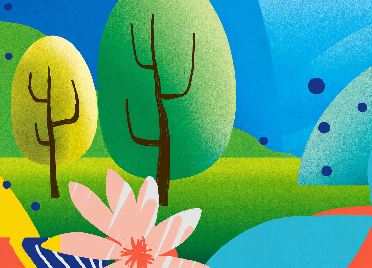 Hills by Gert Paenen, colourful landscape digital art print featuring rolling blue hills, stylised trees, flowers, and vibrant geometric shapes, contemporary wall art for modern home decor.