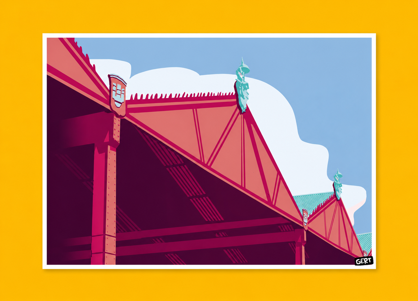 Hangars by Gert Paenen, colorful architectural art print featuring the iconic Scheldekaaien hangars in Antwerp, Belgium. Contemporary graphic illustration with bold geometric structures, vibrant pink and blue tones, urban architecture, and modern cityscape design.