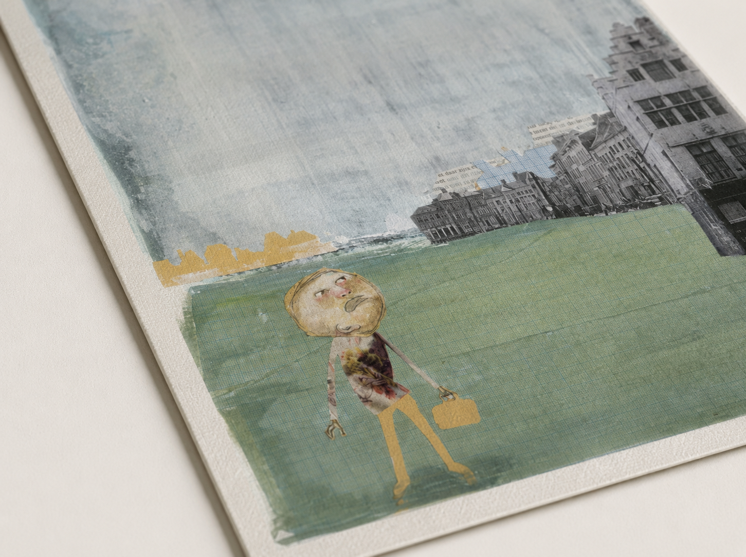Surreal art print of Mister Humprey standing on a green field under a UFO, with vintage city buildings in the background, illustrated by Studio Frits in collage style. Printed on 300g paper and made in Belgium.