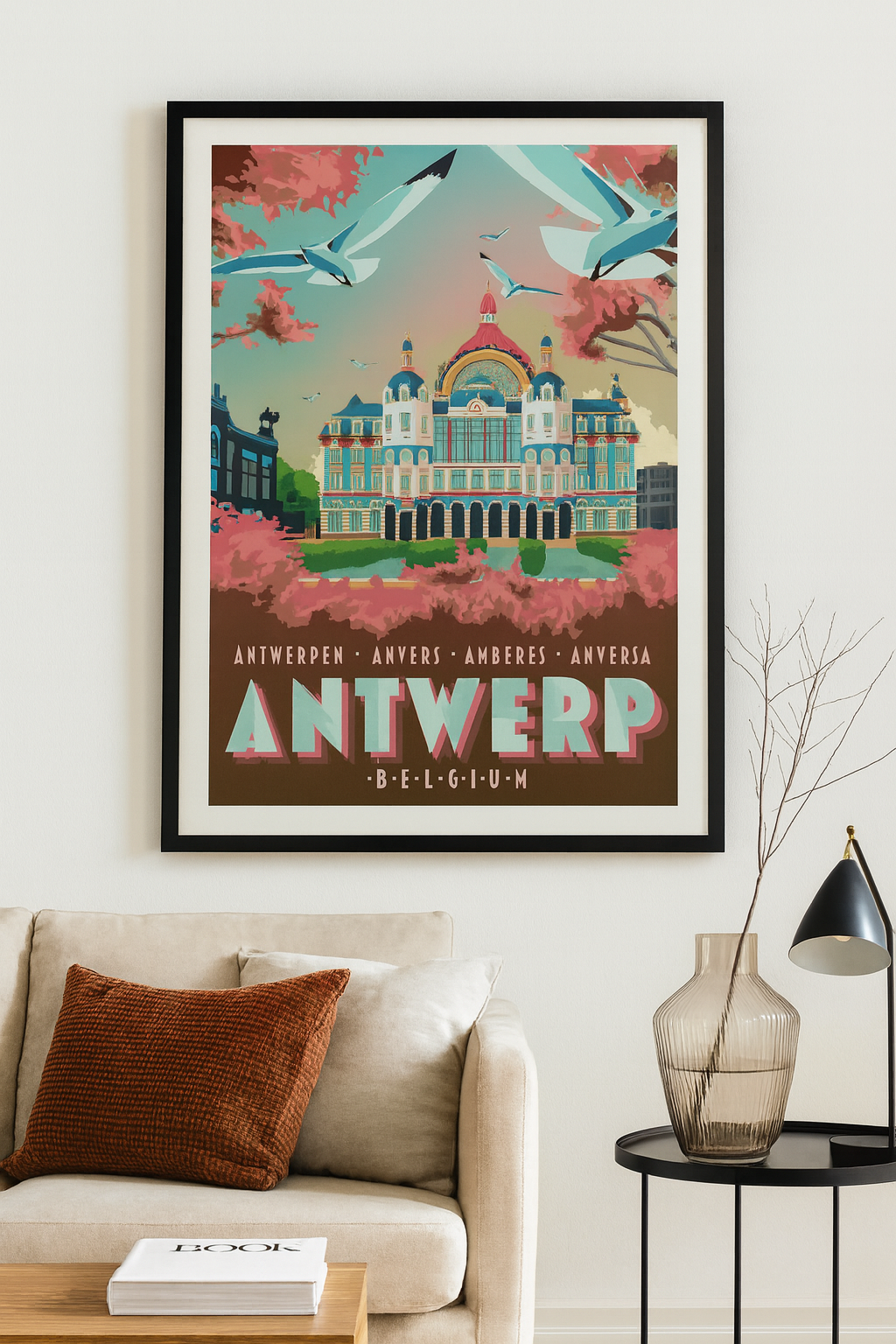 Vintage-style poster of Central Station Antwerp by Studio Frits – colorful retro travel art print featuring Antwerp’s iconic railway station with flying seagulls and spring foliage. Perfect wall decor for lovers of Belgian architecture, train stations, and European city posters. Available at Galerie Frits