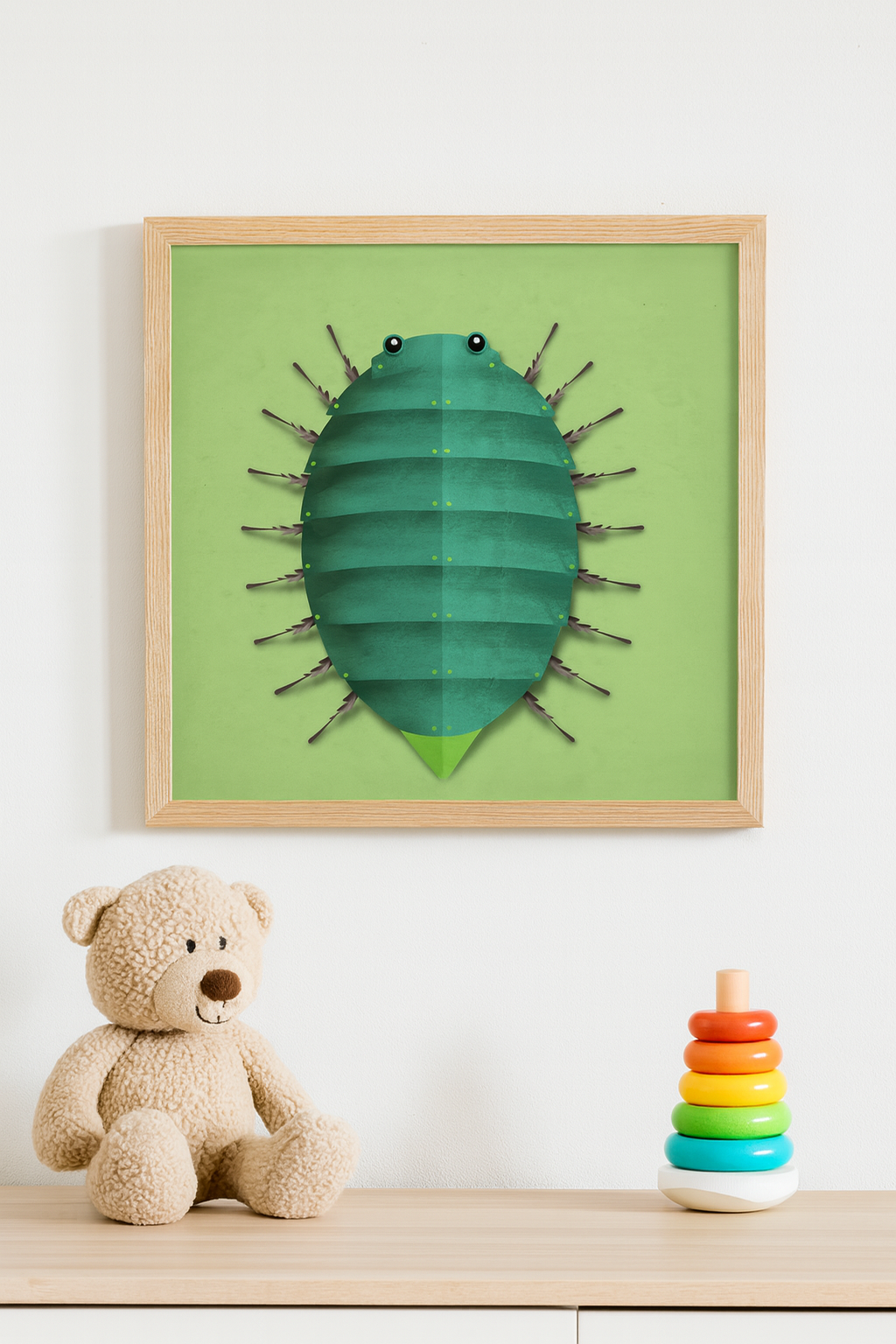 Illustration of a whimsical green beetle with cartoon eyes by Studio Frits, minimalist nature-inspired wall art, 30 x 30 cm art print, made in Belgium.