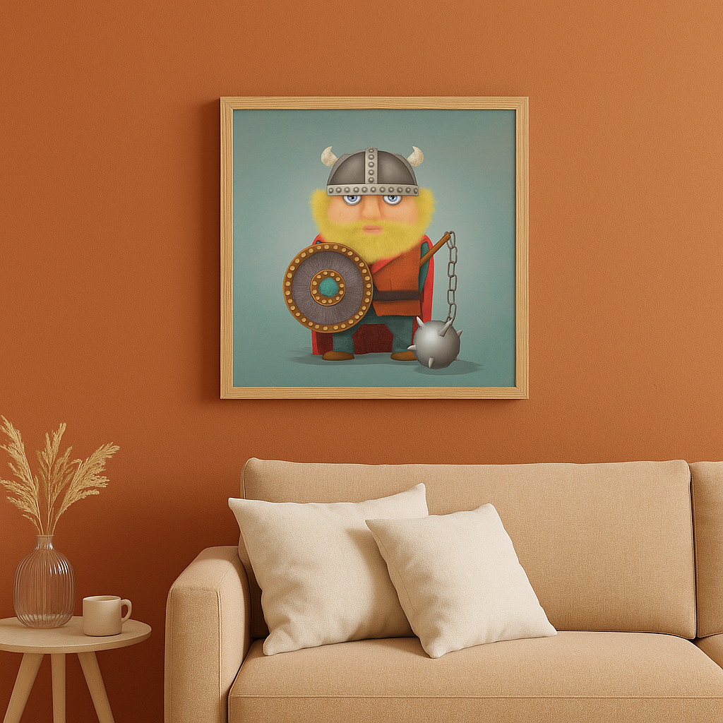 Funny cartoon illustration of a Viking warrior with a blond beard, horned helmet, shield, and spiked mace, titled “Harald the Viking” by Studio Frits – 30 x 30 cm art print.