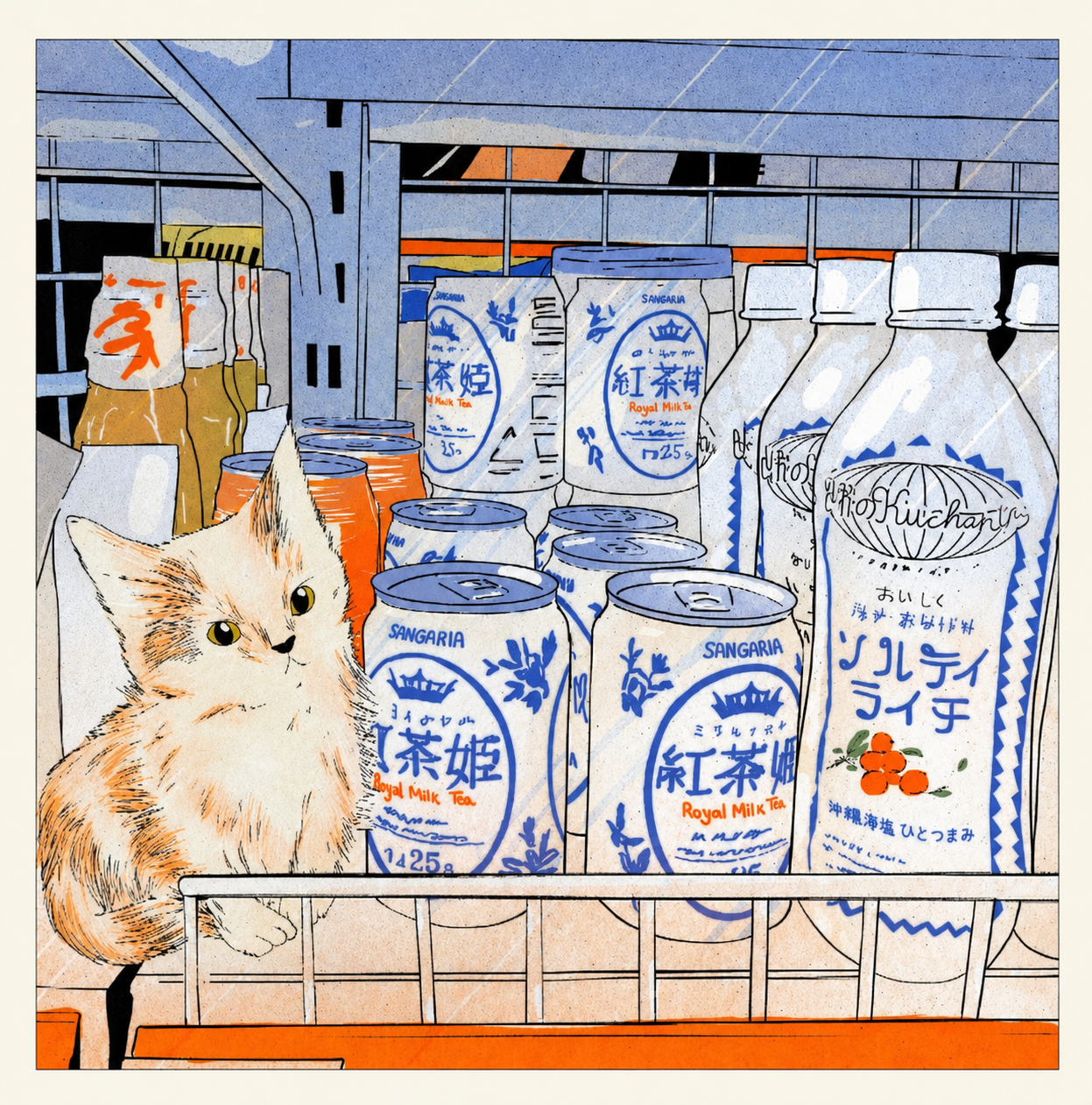 Cozy kitchen shelf illustration featuring a small orange and white cat sitting beside drinks cans and bottles, soft pastel tones, square giclée art print for modern home decor