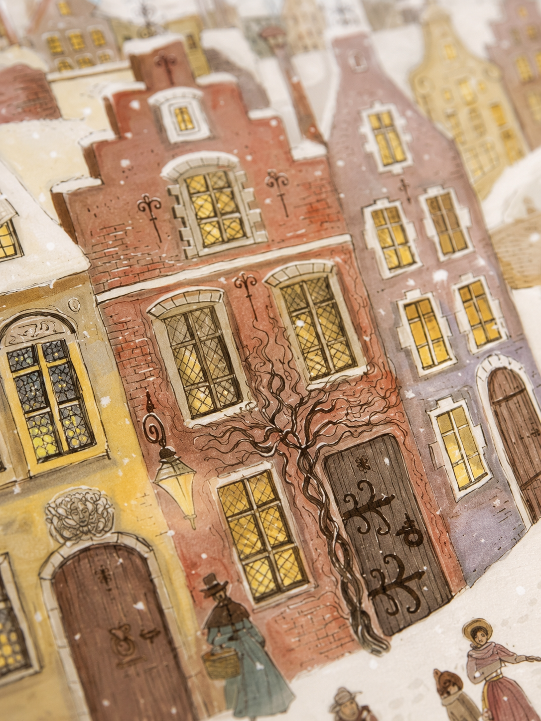 Snow Dragon by Lena Yampolski featuring a snowy European town with historic houses, glowing windows, and a hidden golden dragon beneath an icy canal, illustrated in a whimsical folklore-inspired style. Vertical giclée wall art for cozy home decor.
