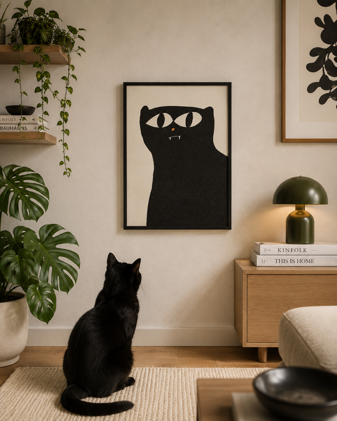 Minimalist black cat art print by Enikő Eged, featuring a bold black cat with large white eyes, tiny fangs and an orange nose on a soft cream background.