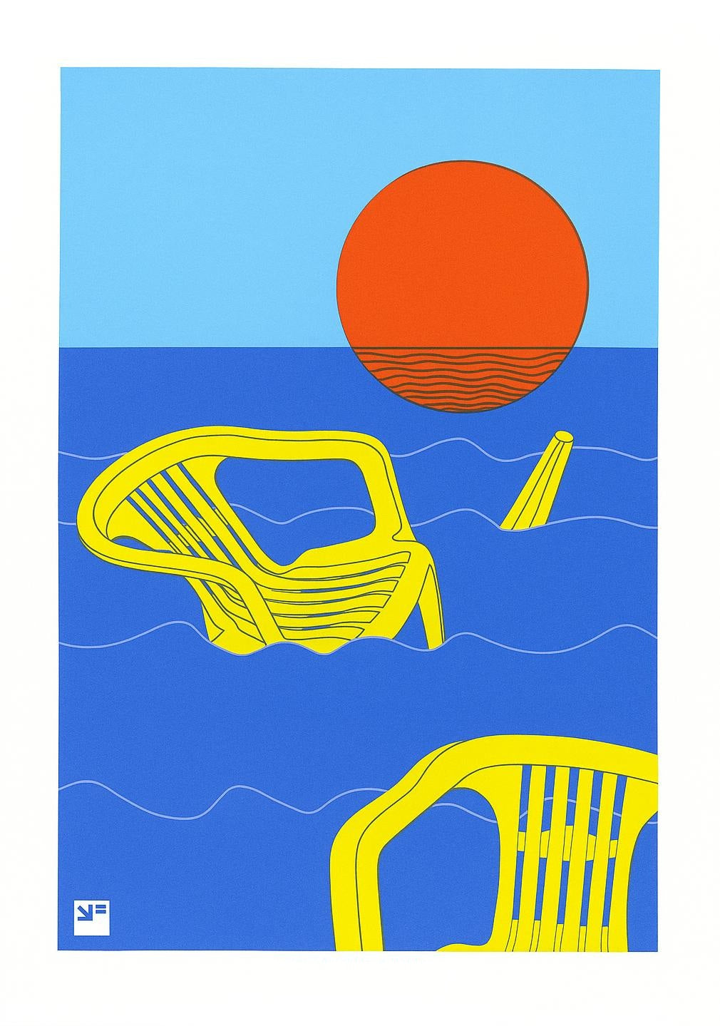 Bold graphic artwork by VrijFormaat depicting bright yellow plastic chairs adrift in deep blue ocean waves under a striking red sun. A minimalist, surreal scene evoking themes of climate change, nostalgia, and stillness—perfect for modern interiors and collectors of conceptual, thought-provoking art