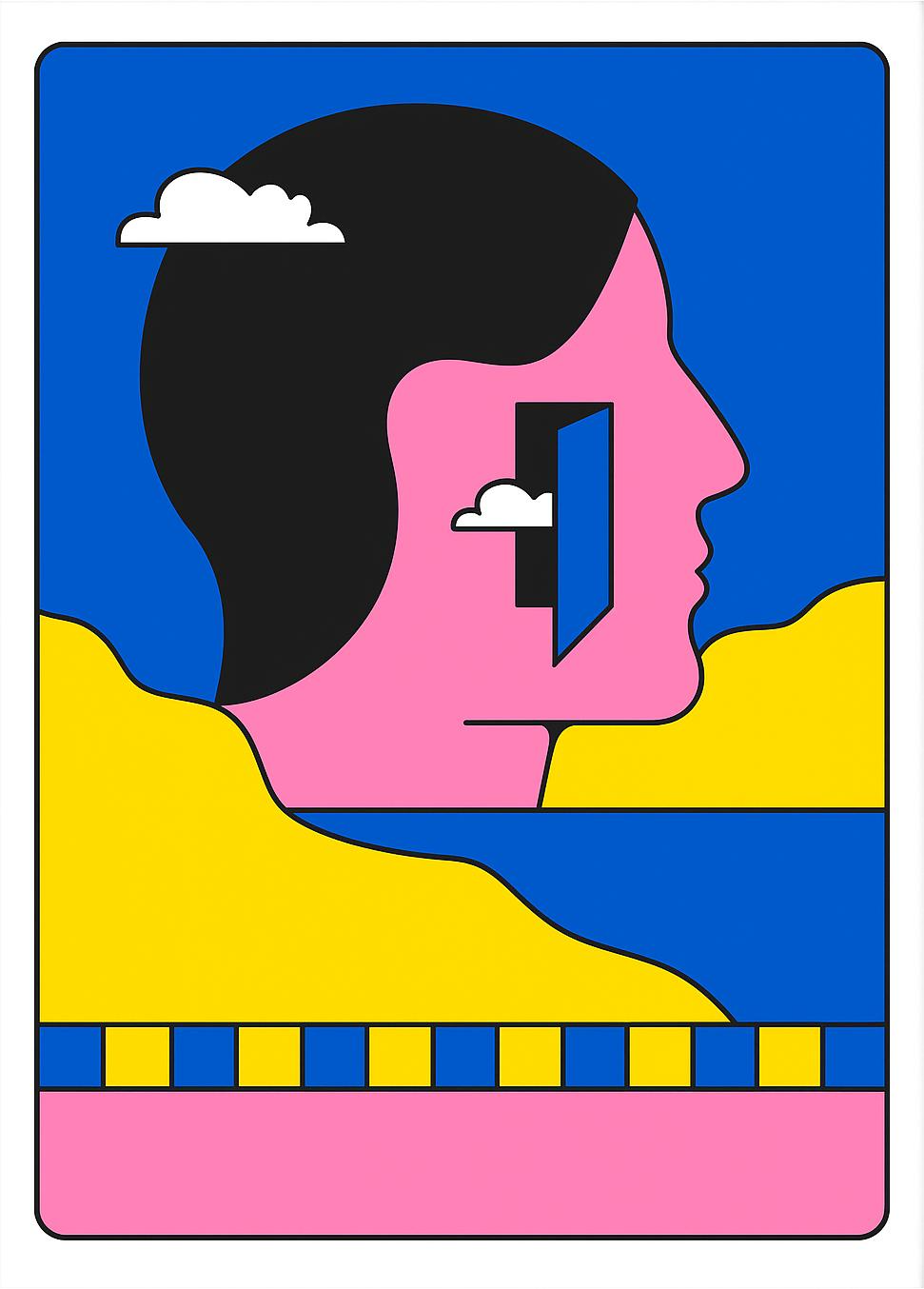 Colorful silkscreen print of a modern pink, blue, yellow graphic human face by PTRVRKD, titled Wanderer, on 50 x 65 cm 300 gsm Carson paper. Limited edition handprinted art with bold pop art style.