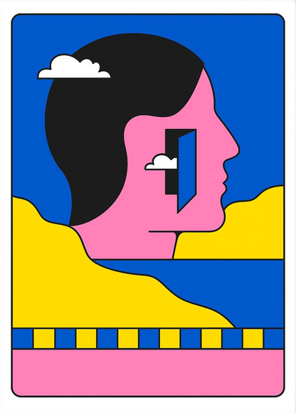 Colorful silkscreen print of a modern pink, blue, yellow graphic human face by PTRVRKD, titled Wanderer, on 50 x 65 cm 300 gsm Carson paper. Limited edition handprinted art with bold pop art style.