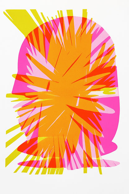 Abstract A3 risograph art print by PTRVRKD featuring vibrant layers of orange, pink, and yellow with bold, graphic explosion design – limited edition, handprinted in the Netherlands