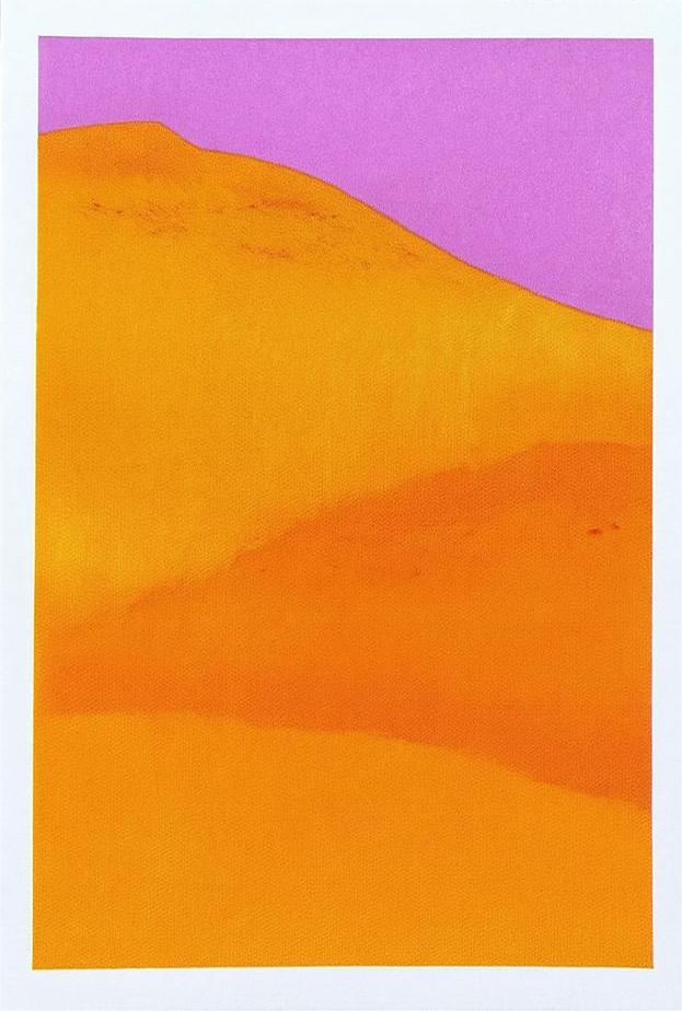 Vibrant yellow and orange sand dunes with bold purple sky, minimalist 13x18 cm risograph landscape print by PTRVRKD, handmade in the Netherlands.