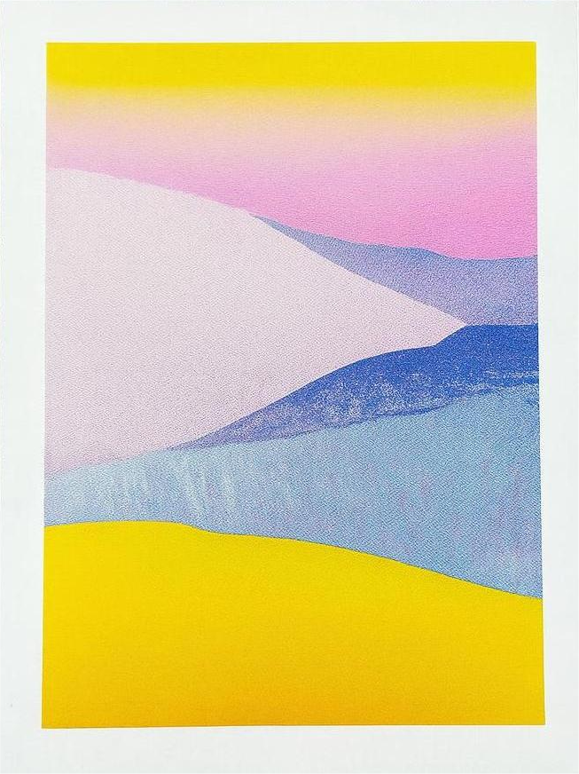Minimal pastel landscape risograph print by Dutch illustrator PTRVRKD featuring yellow sand dunes, blue hills, and a soft pink sky gradient. Handmade 12.5 x 17.5 cm art print on Biotop 250 gsm paper with soy-based inks. Ideal wall art for modern interiors, Scandinavian style, or desert-inspired home décor.