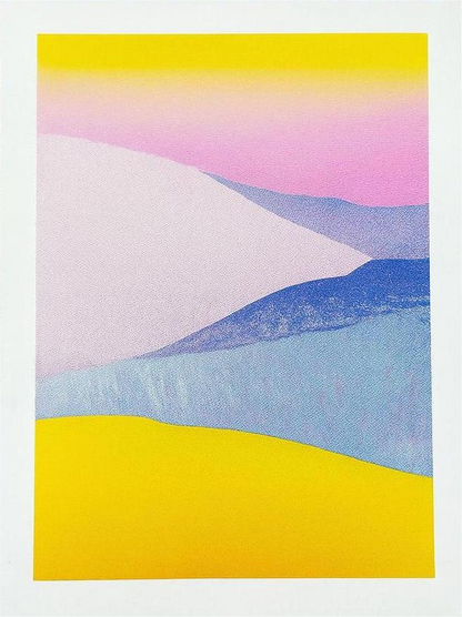 Minimal pastel landscape risograph print by Dutch illustrator PTRVRKD featuring yellow sand dunes, blue hills, and a soft pink sky gradient. Handmade 12.5 x 17.5 cm art print on Biotop 250 gsm paper with soy-based inks. Ideal wall art for modern interiors, Scandinavian style, or desert-inspired home décor.