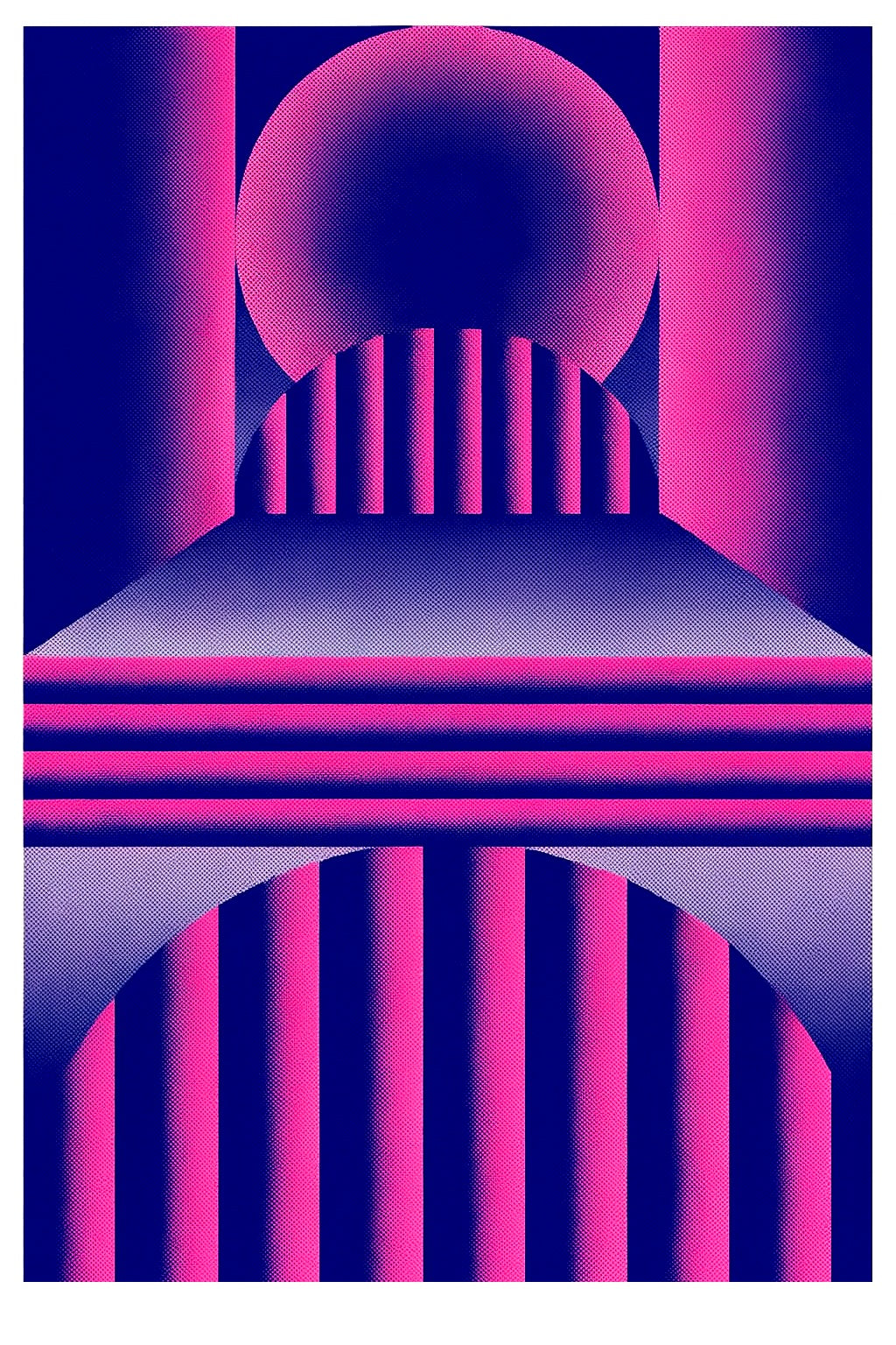 Pink and blue geometric risograph print by Dutch illustrator PTRVRKD – bold abstract landscape with arches, stripes, and layered architectural shapes in retro-futuristic design, printed with eco-friendly soy inks on 250 gsm Biotop paper, handmade in the Netherlands – striking modern wall art for design enthusiasts.