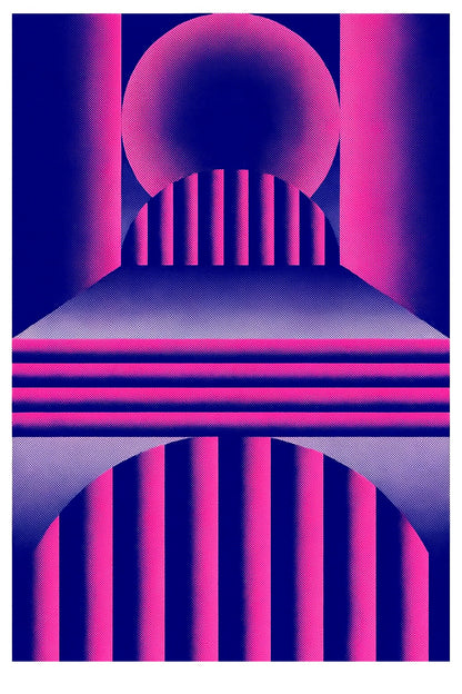 Pink and blue geometric risograph print by Dutch illustrator PTRVRKD – bold abstract landscape with arches, stripes, and layered architectural shapes in retro-futuristic design, printed with eco-friendly soy inks on 250 gsm Biotop paper, handmade in the Netherlands – striking modern wall art for design enthusiasts.