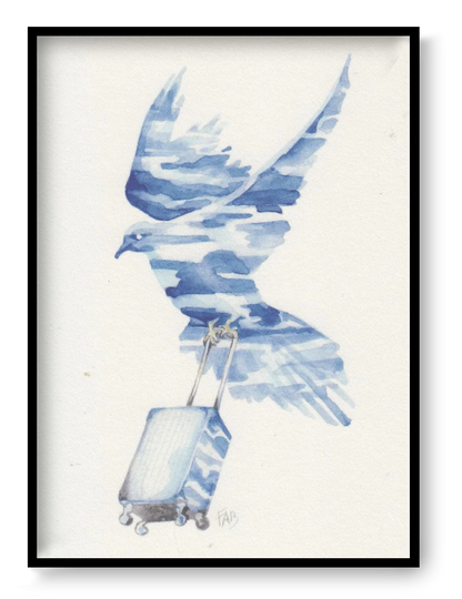 Bird flying with suitcase watercolor illustration, travel themed art card A6 by Belgian illustrator FAB, poetic minimalist wall art.
