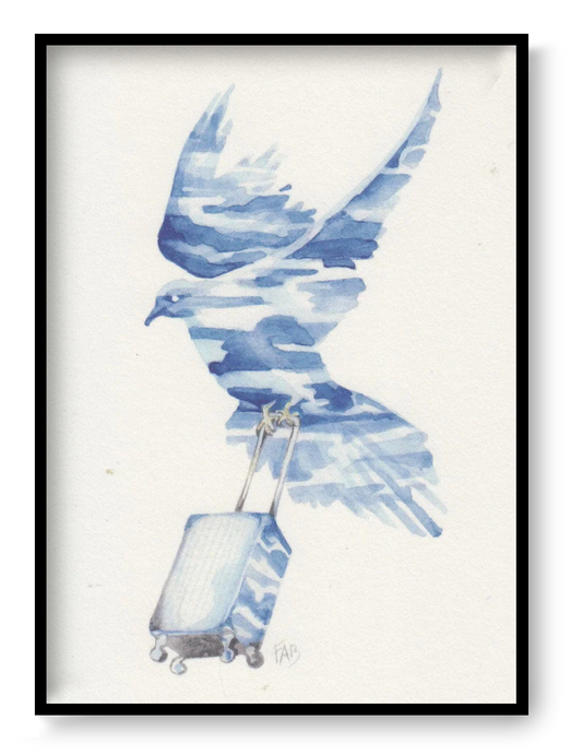 Bird flying with suitcase watercolor illustration, travel themed art card A6 by Belgian illustrator FAB, poetic minimalist wall art.