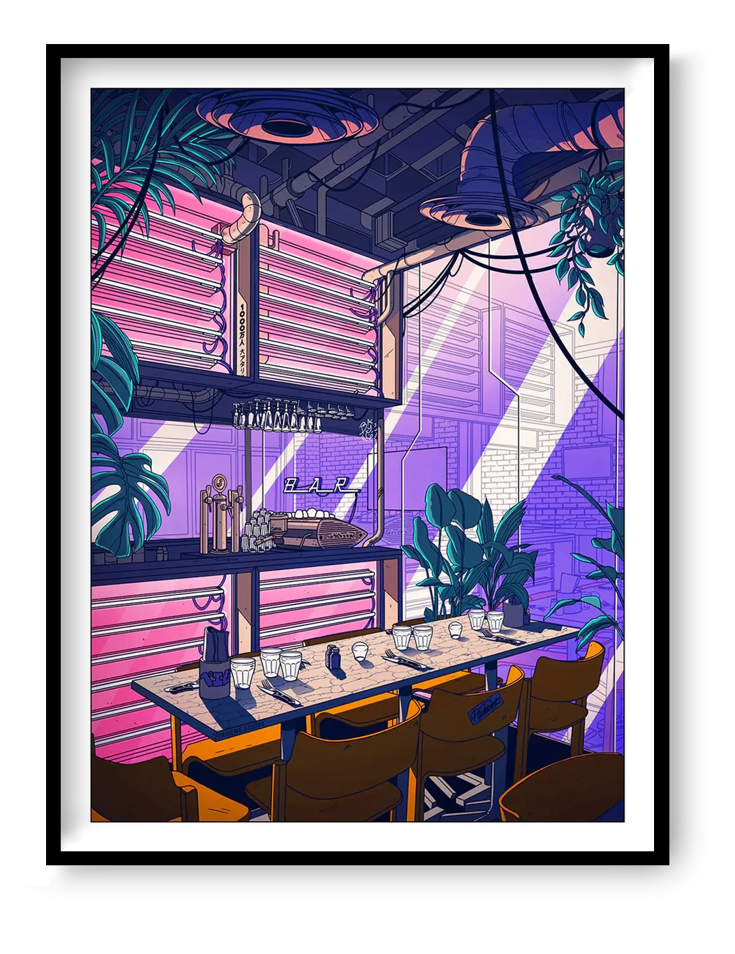 Neon-lit café interior illustration with empty tables, hanging lamps, lush plants and retro-futuristic atmosphere, art print by Paiheme Studio inspired by modern coffee culture.