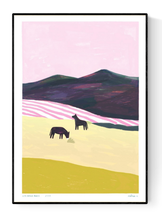 Art print Les Deux Ânes by Irène Caron – limited edition A3 risograph print with two donkeys in a pastel landscape, printed on 150g Munken paper, made in Belgium.