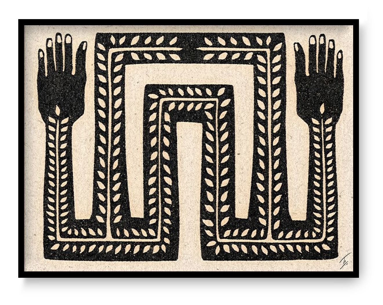 Black and white symbolic graphic art print with tribal-inspired flowing pattern and raised hands, minimalist modern wall art by Tuyo