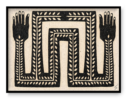 Black and white symbolic graphic art print with tribal-inspired flowing pattern and raised hands, minimalist modern wall art by Tuyo